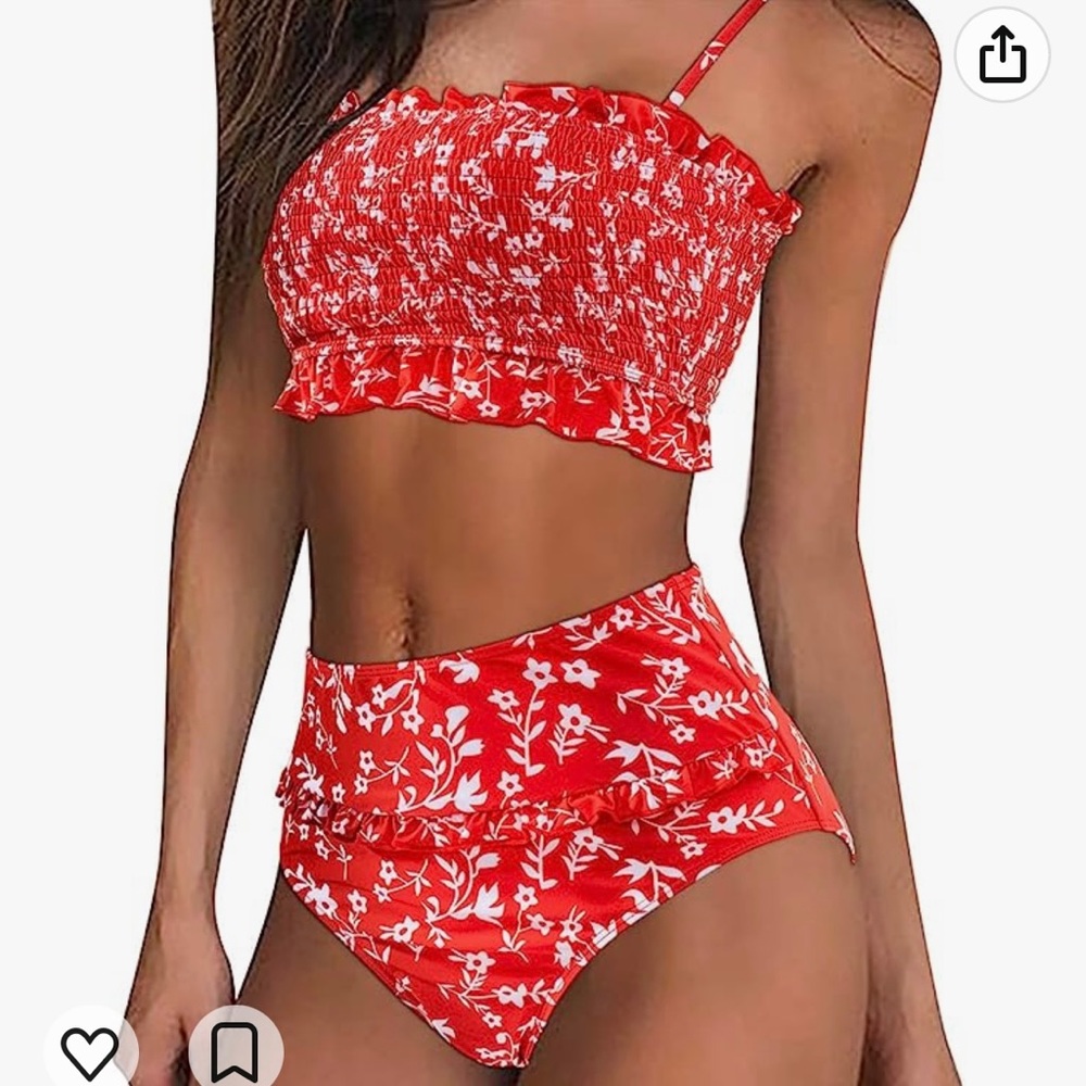 Amazon Woman’s Red & White Floral Smocked Ruffle Swimsuit Size L